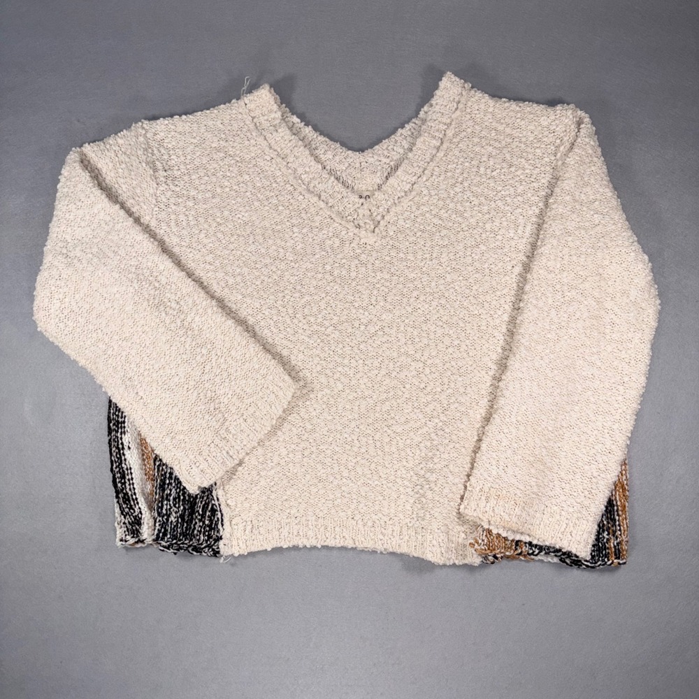 POL Womens V-Neck Popcorn Knit Sweater Cream Striped size Large